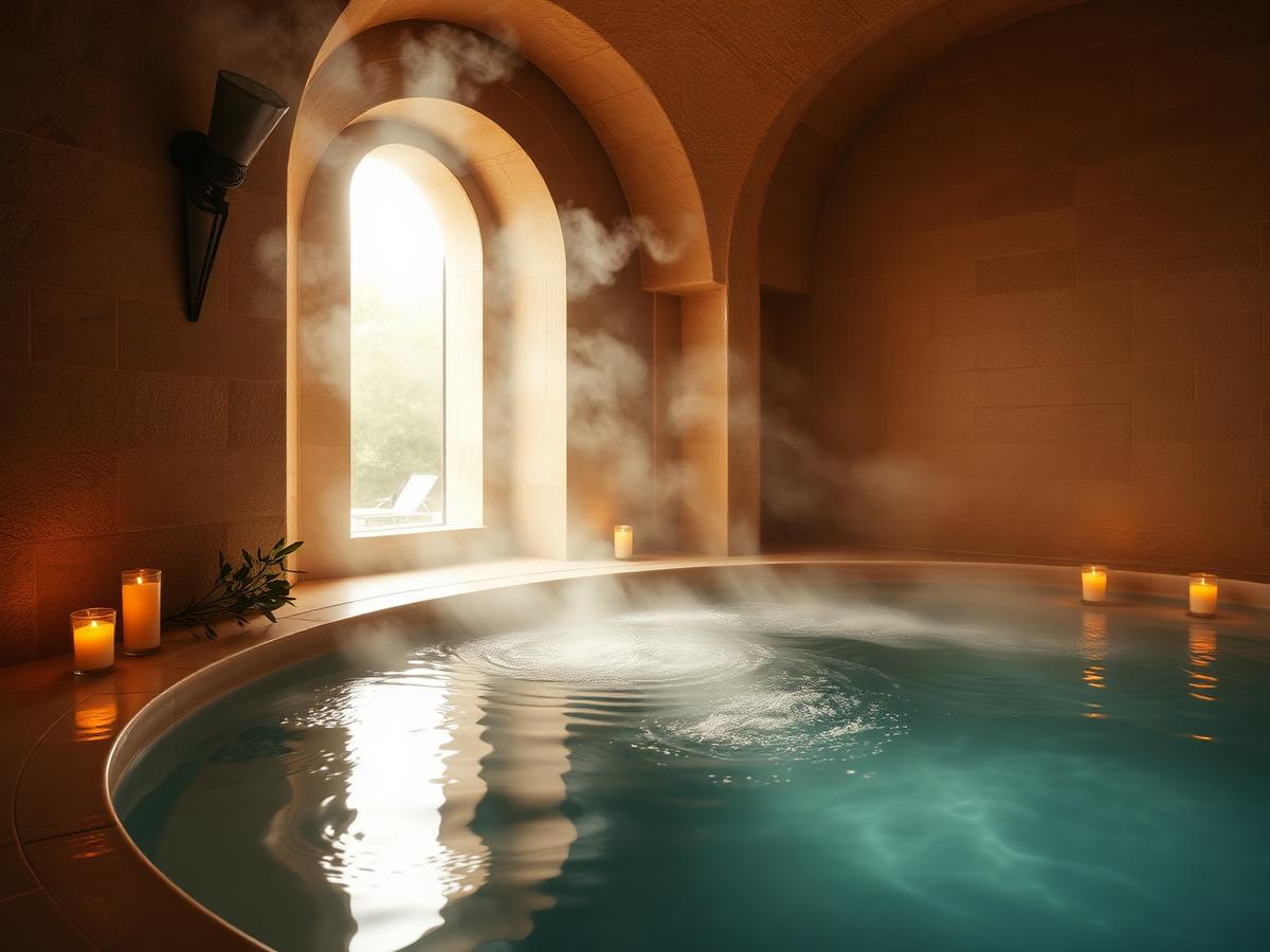 Piscina termale privata con candele e ramo d'olivo