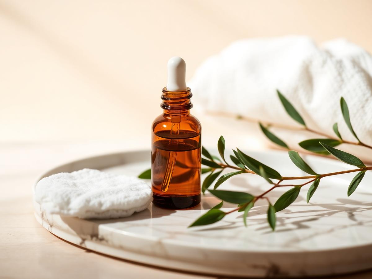 Bottiglia di olio essenziale con salvia e lavanda